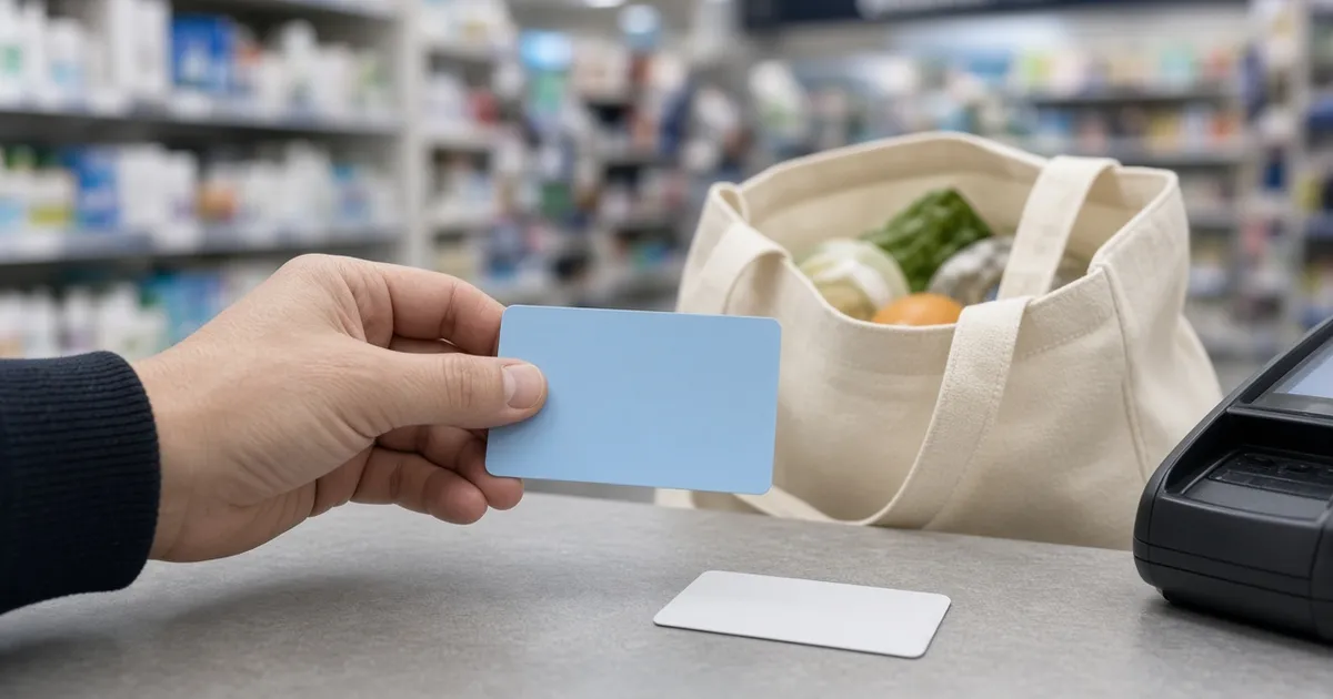 Hand holding a blank light-blue loyalty card at a store checkout beside a canvas grocery bag and a blank credit card, for the AIR MILES credit cards guide