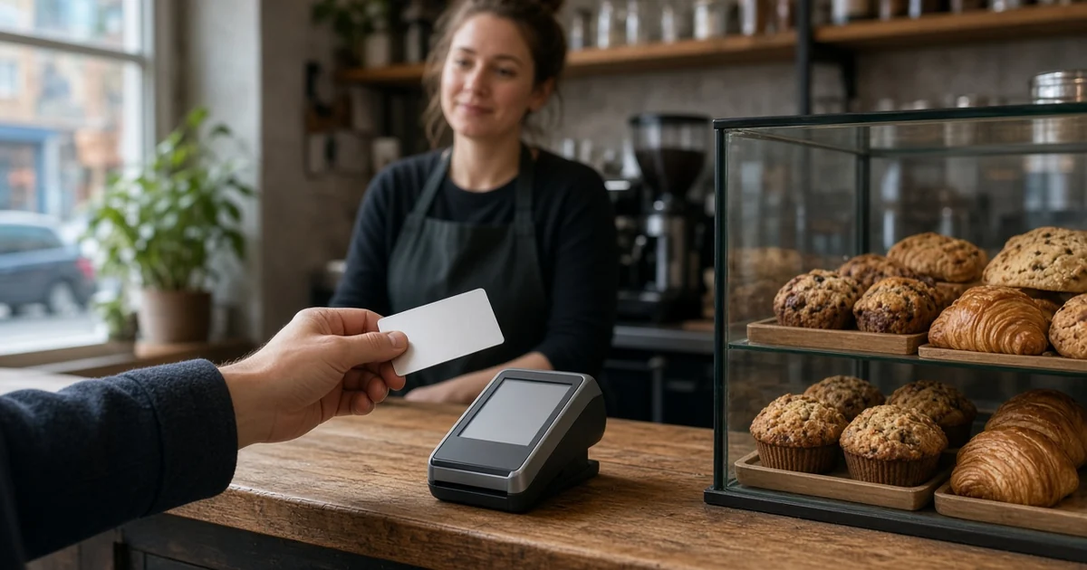 Hand holding a blank credit card at a bakery payment terminal beside a pastry case, for the Amex acceptance in Canada guide