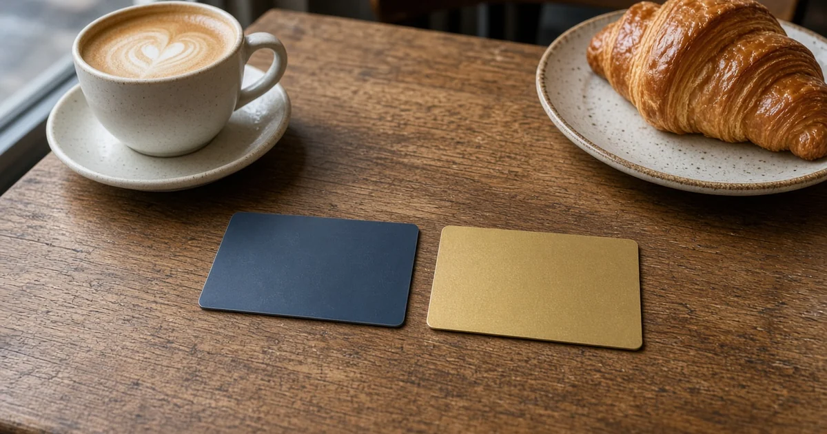 Two blank credit cards, slate blue and gold, on a cafe table beside a latte and a croissant, for the Amex Cobalt vs Gold Rewards comparison