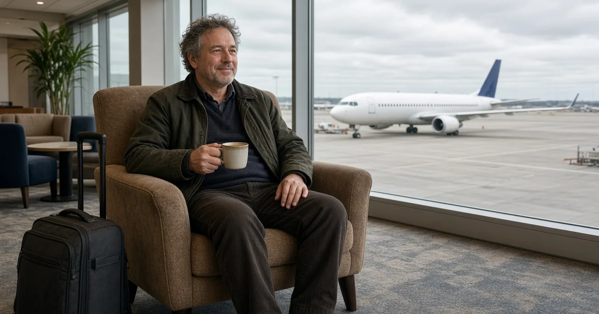 Traveller relaxing with a coffee in an airport lounge armchair beside the runway windows, for the guide on whether premium credit cards are worth it