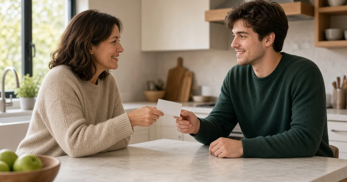 Parent handing a blank credit card to an adult child across a kitchen island, for the authorized users and additional cardholders guide