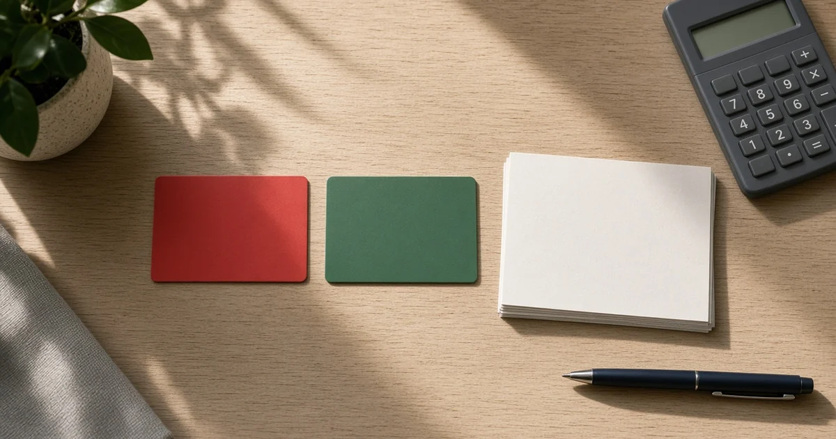 Red and green blank cards beside a calculator and pen on a wooden desk, for the balance transfers explained guide