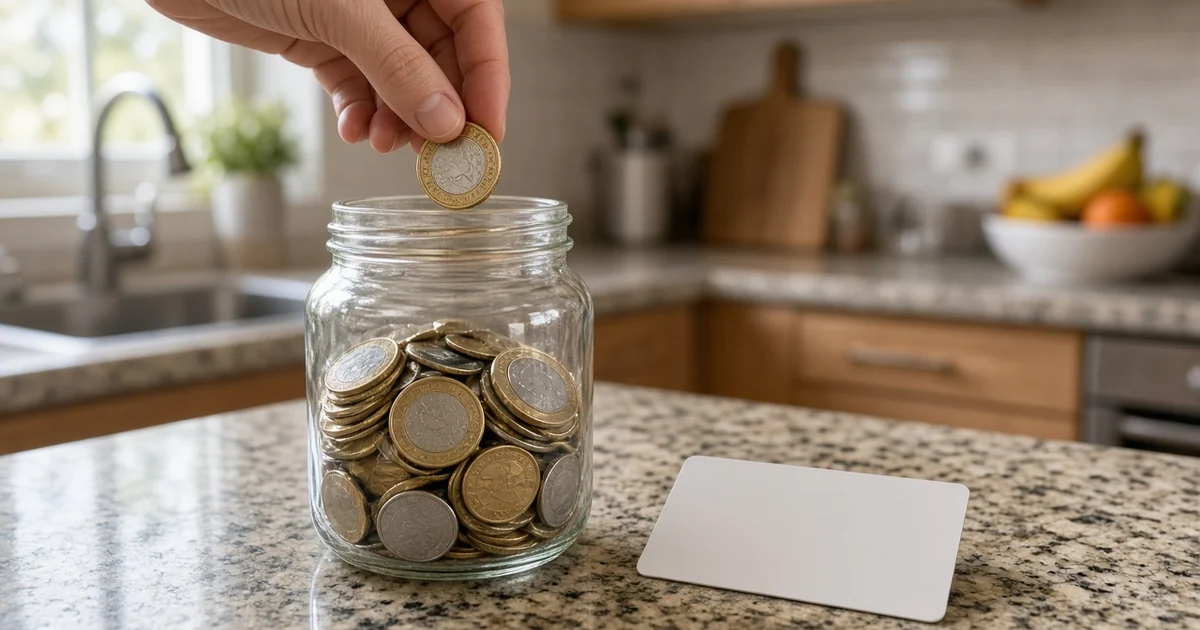 Hand dropping a toonie into a coin jar on a kitchen counter with a blank credit card beside it, for the best cash back credit cards guide