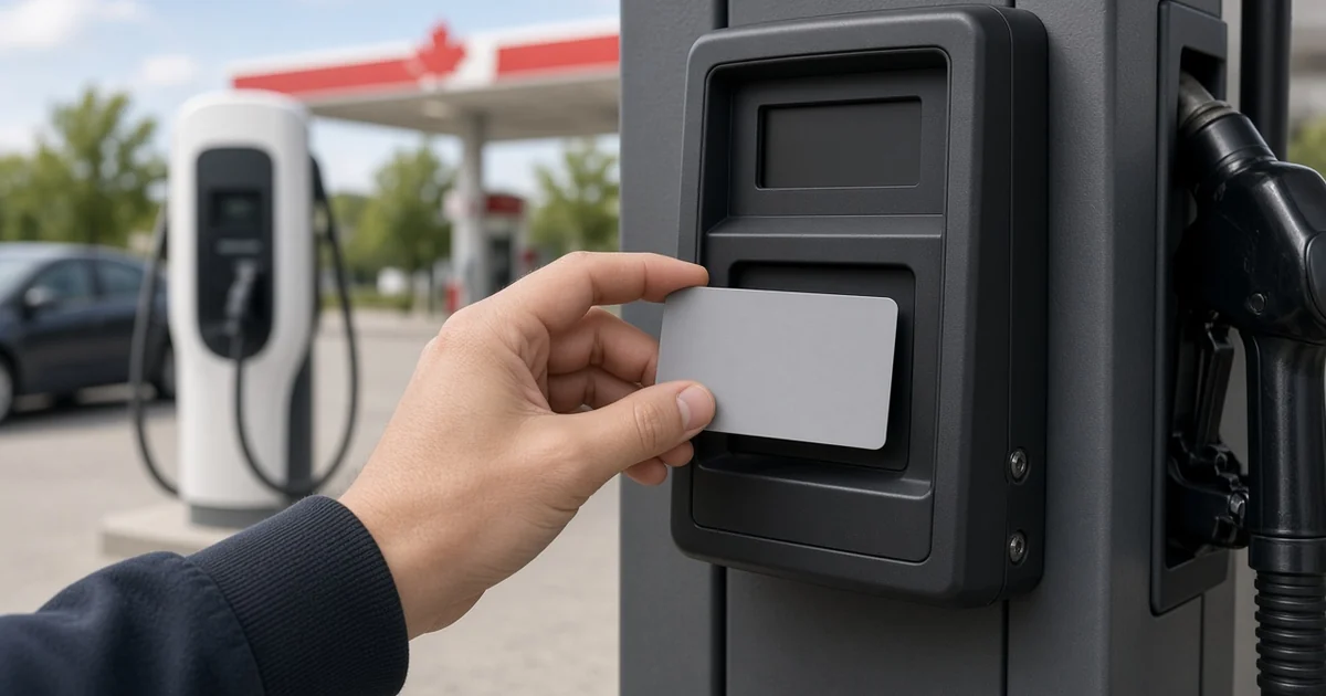 Hand tapping a blank credit card at a Canadian gas pump with an EV charger blurred in the background, for the best gas credit cards guide