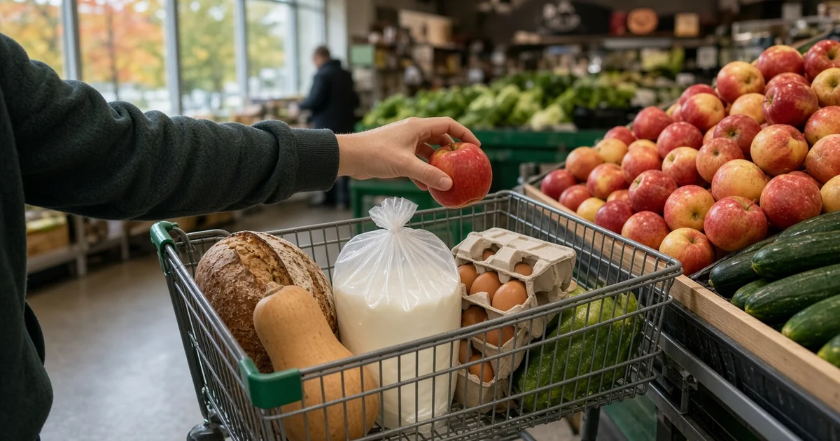 Grocery cart with bread and eggs in a produce aisle as a hand picks an apple, for the best grocery credit cards guide