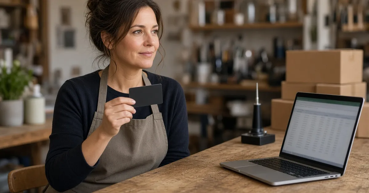 Small business owner in an apron holding a blank dark credit card beside a laptop in her workshop, for the business credit cards guide