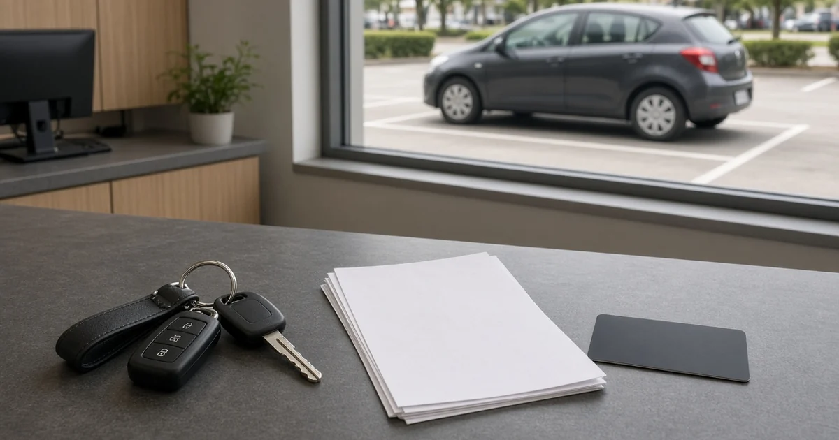 Car keys, a rental agreement, and a blank credit card on a counter with a compact car parked outside, for the car rental insurance on credit cards guide