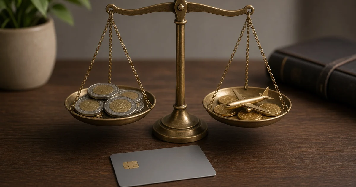 Brass balance scale with Canadian toonies on one side and a model airplane on the other above a blank credit card, for the cash back vs points guide