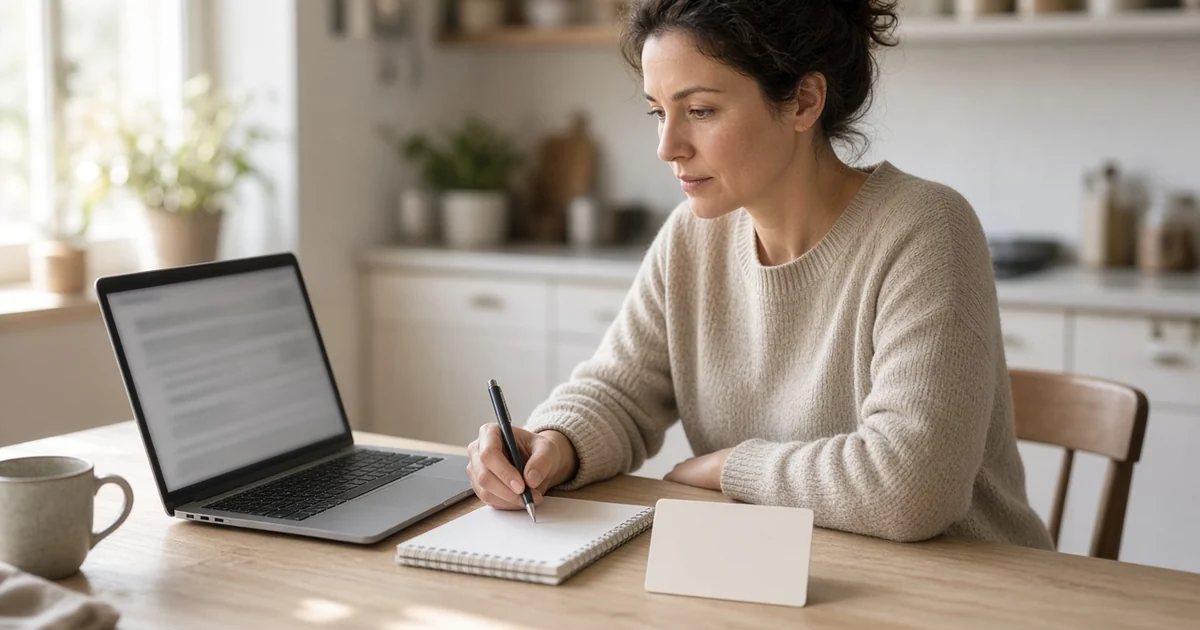 Person at a kitchen table with a laptop, notepad, and blank credit card reviewing next steps, for the credit card application declined guide