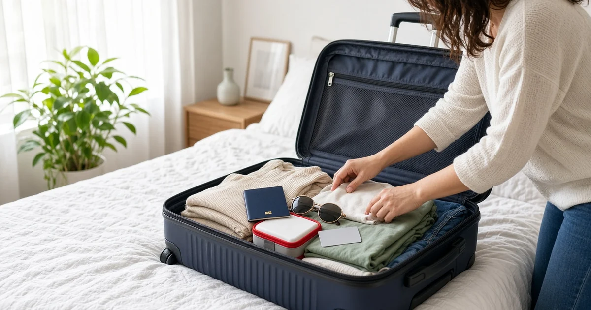 Open suitcase on a bed with folded clothes, a passport, sunglasses and a blank credit card, for the credit card travel insurance guide
