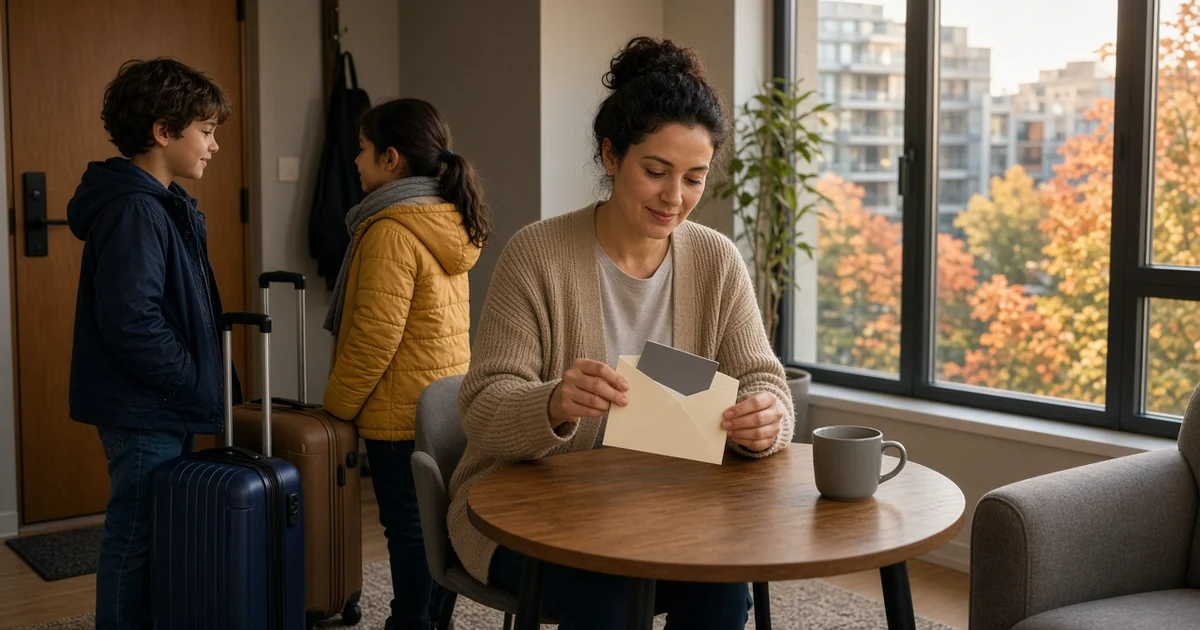 Newcomer opening a card envelope at a table while children with suitcases wait by the door, for the credit cards for newcomers guide