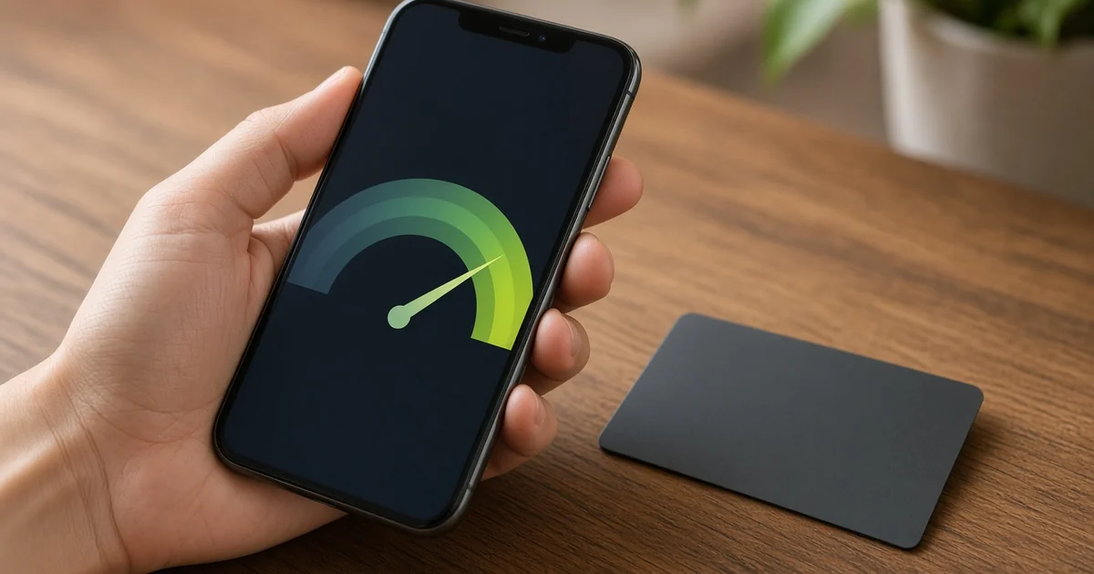 Hand holding a smartphone showing a credit limit gauge beside a blank credit card on a wooden table, for the credit limit increase guide