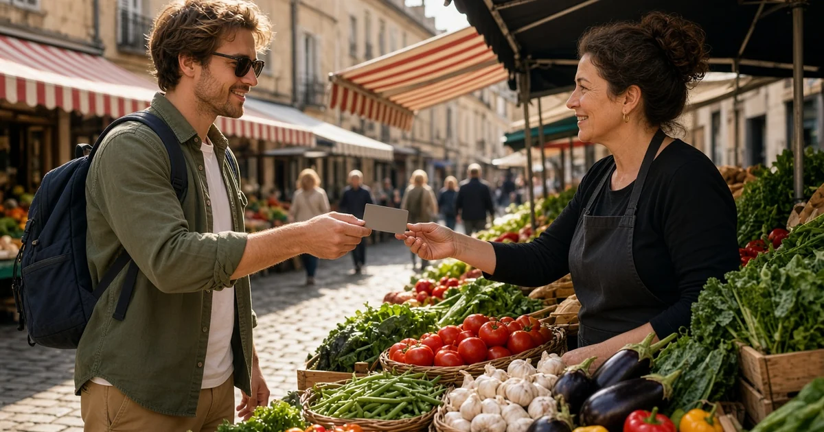 Traveller handing a blank credit card to a vendor at an outdoor produce market, for the foreign transaction fees guide