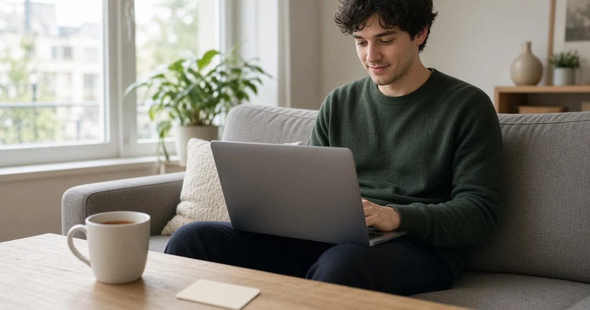 Person reviewing a laptop on a living room sofa with a coffee mug nearby, for the how credit scores work in Canada guide