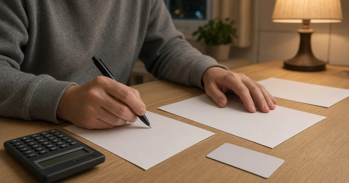 Hands with a pen, calculator, blank papers, and a blank credit card on a table in the evening, for the low interest vs rewards credit cards guide
