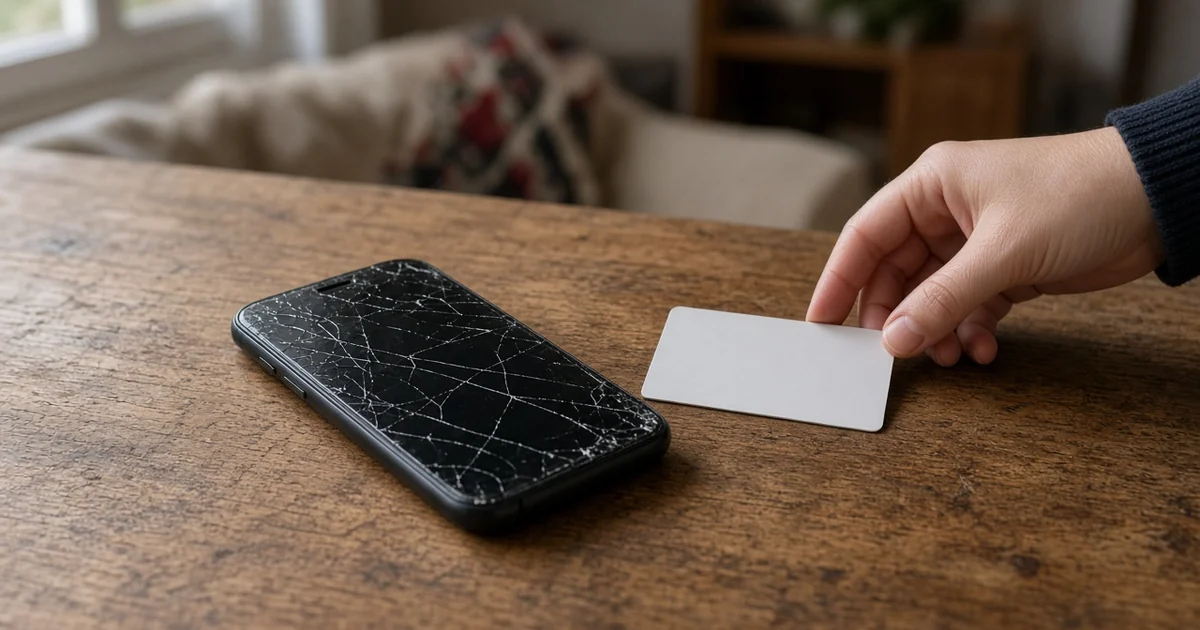 Cracked smartphone beside a blank credit card on a wooden table, for the credit card mobile device insurance guide