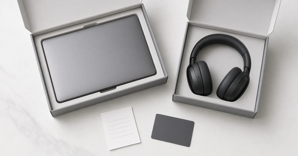 New laptop and headphones in open boxes beside a receipt and blank credit card on marble, for the purchase protection and extended warranty guide
