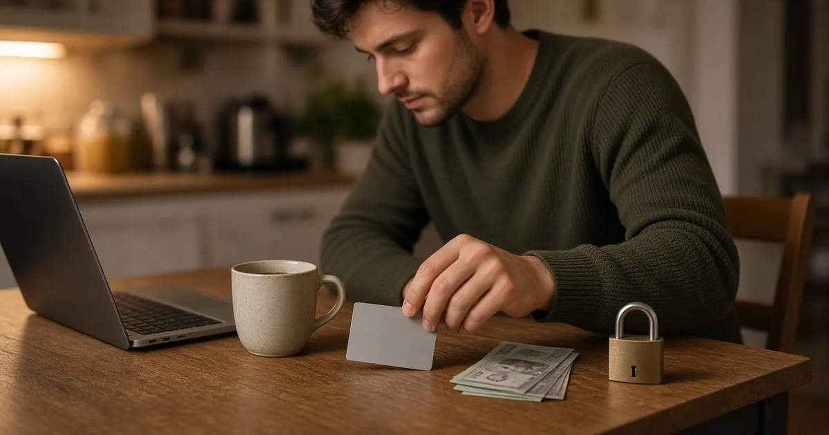 Young man at a kitchen table setting down a blank credit card beside banknotes and a padlock, for the secured credit cards guide
