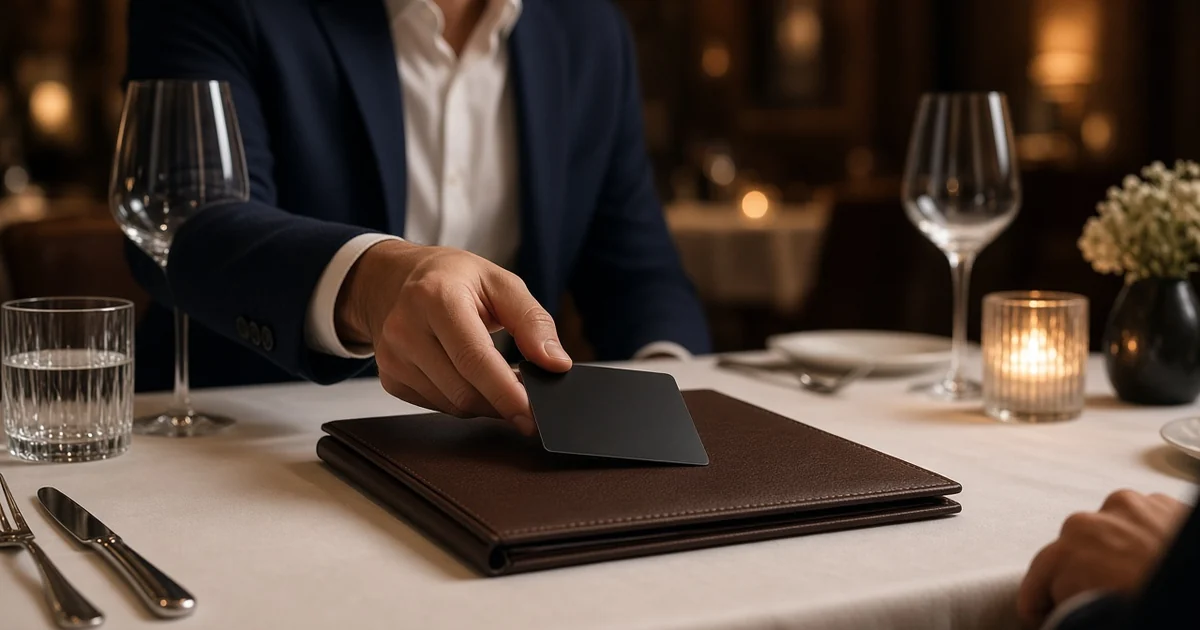 Hand in a suit placing a blank black credit card on a restaurant bill folder, for the Visa Infinite and World Elite income requirements guide