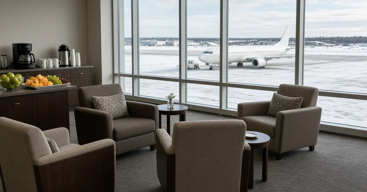 Quiet airport lounge with armchairs and a buffet overlooking a snowy Canadian runway